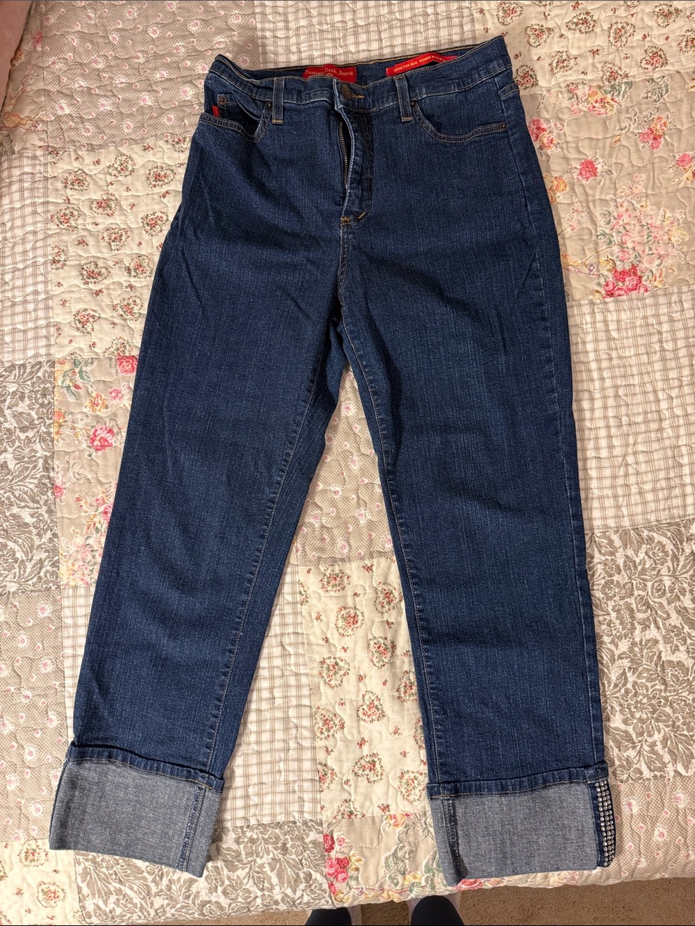 NYDJ Dark Blue Women's Straight-Leg Jeans with rhinestones on cuffs